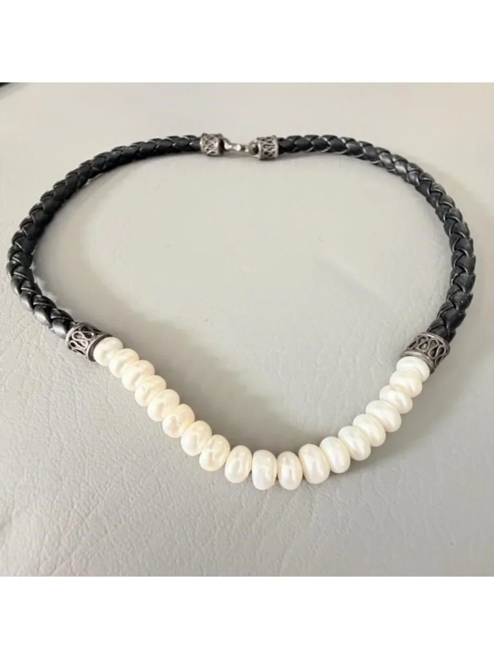 Sterling Silver Freshwater Pearl Braided Black Leather Choker Necklace 14